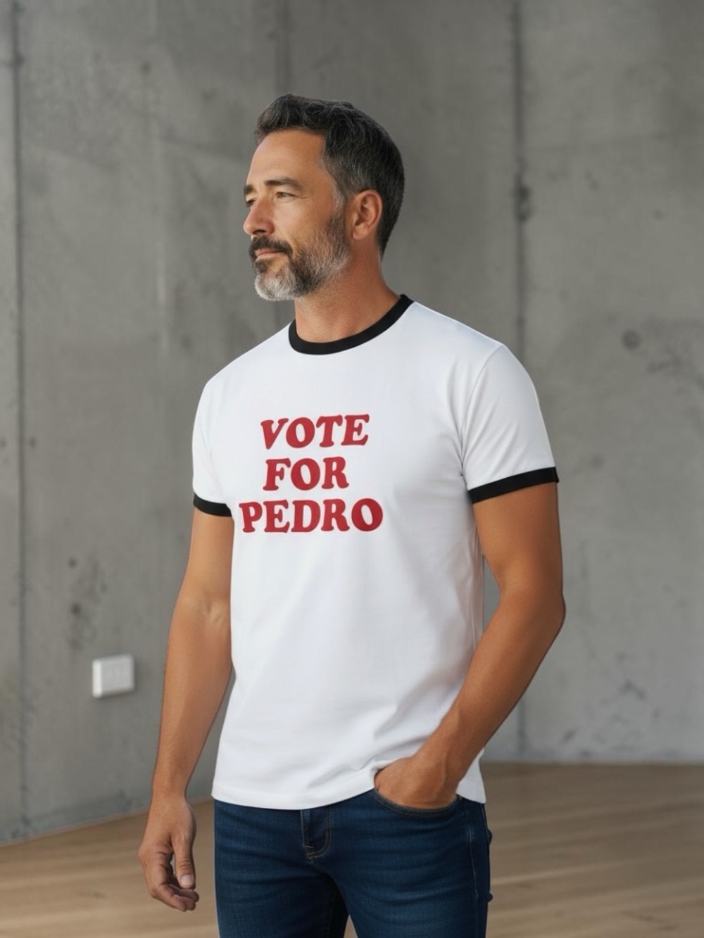 Vote For Pedro Graphic Ringer Tee - White w Red Print Political Voting Large